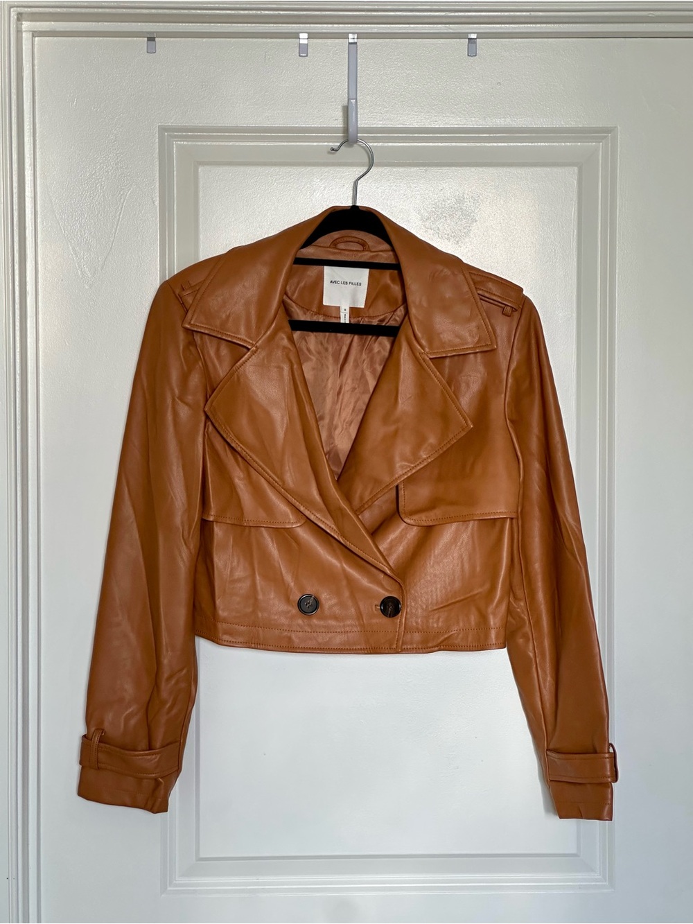 Avec Les Filles Cognac Brown Faux Leather Cropped Trench Jacket